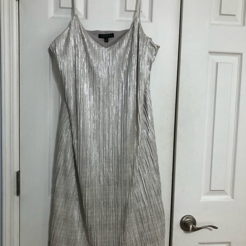 Banana Republic Silver Metallic Midi Slip Dress size XL wedding party cocktail